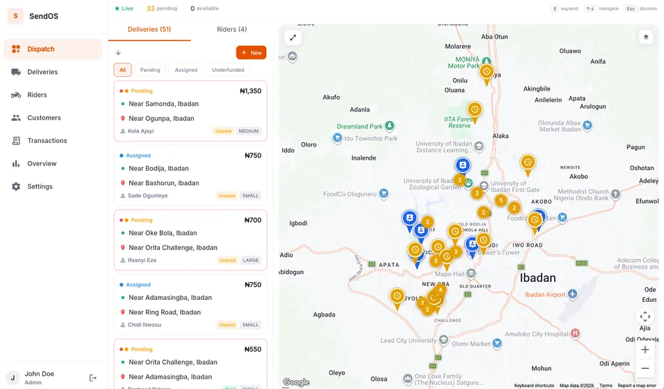 SendOS Admin Dashboard in light mode with live dispatch map