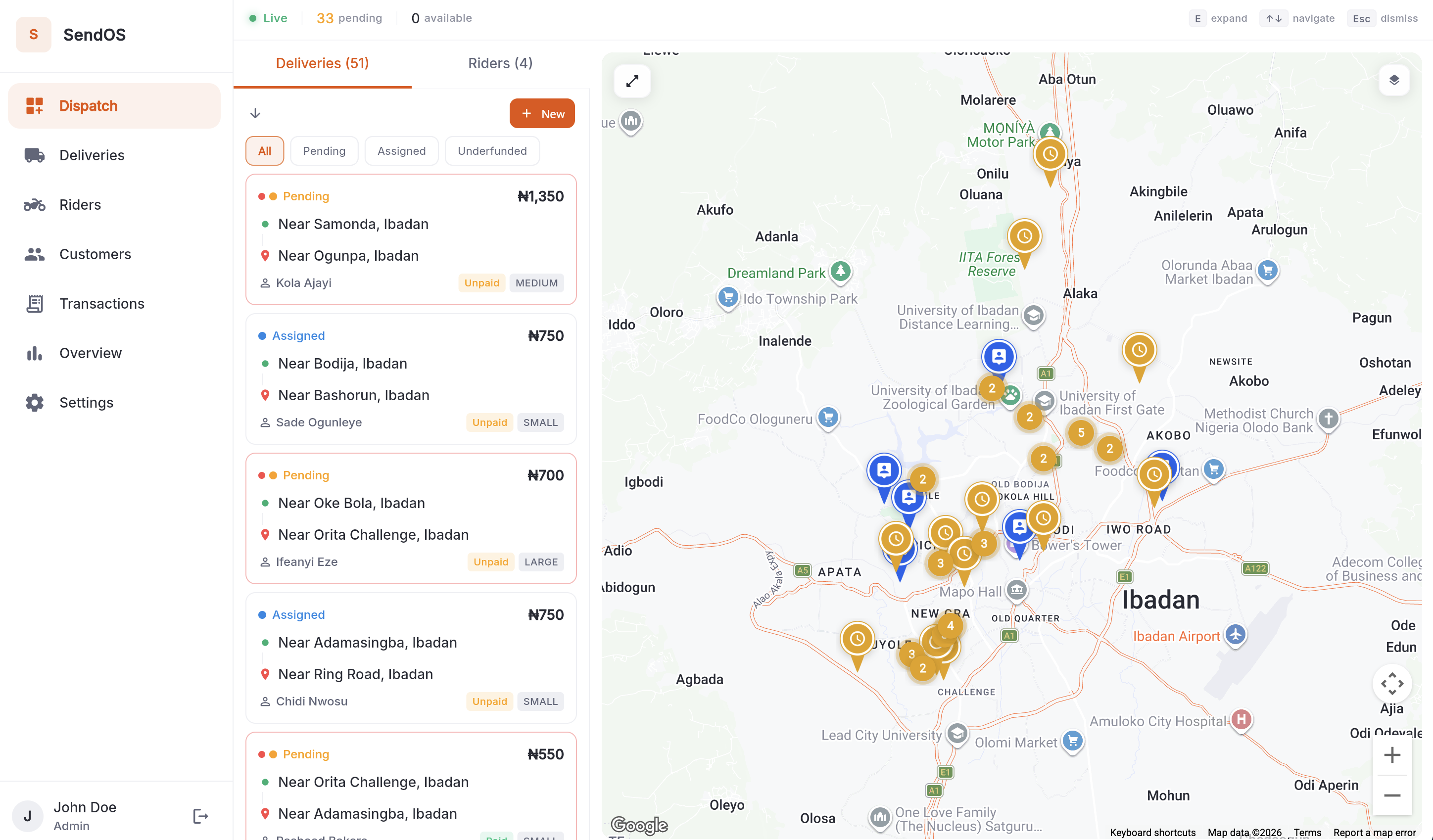 SendOS Admin Dashboard in light mode with live dispatch map